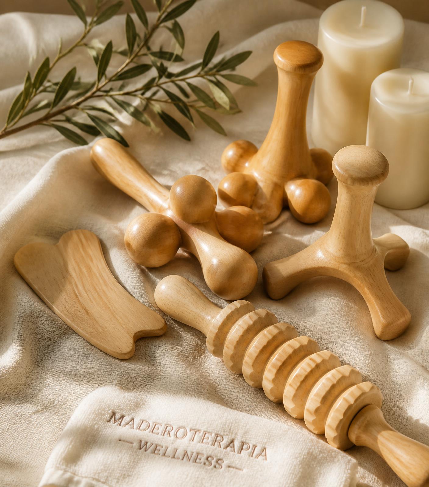 Wooden maderotherapy massage tools resting on soft linen with olive branch and candles